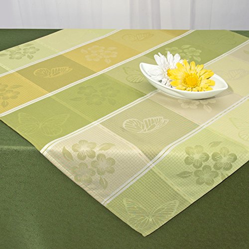 Zauberhafter Tischläufer „BLUMEN UND SCHMETTERLINGE“ in lindgrün / grün / beige – wundervolles Jacquardgewebe mit eingewebten Karos – Läufer 40×140 cm – Markenqualität – stilvoll und elegant – mit LOTUS – EFFEKT – FLECKSCHUTZ – Flüssigkeiten perlen einfach ab – geprüft nach Öko – Tex Standard 100 – im gleichen Design sind Mitteldecken und Kissenbezüge erhältlich - 2