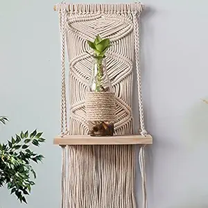 Decazone Macrame Wall Hanging Shelf Cotton Rope Bohemian Woven ideal Decor Plants and Pot Tapestry Tassel Wall Floating Hanger Handmade Boho Shelf For Kids Room, Dorm Nursery Office Apartment Decor Beige 72 x26