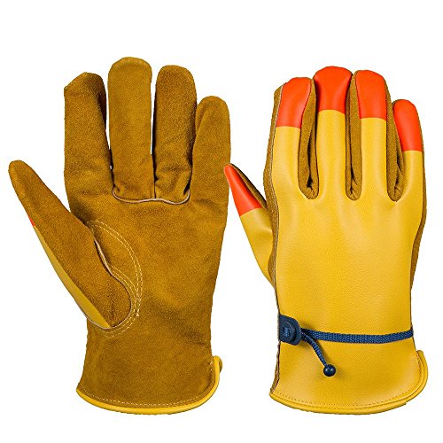 Preisvergleich Produktbild OZERO Leder Arbeitshandschuhe, Premium Rindsleder Handschuh mit Fluoreszenz Fingerspitze für Sicherheit & Sicherheit - passend für Damen & Herren 3 Paar XL
