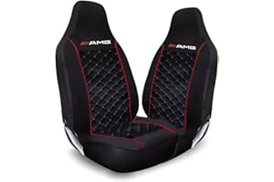 Tee AutoCare Fits Mercedes AMG – A35 A45, C43 C63, E53 E63, S63 S65, CLA35 CLA45 – Quilted Black Front Seat Covers with Logo, Universal Fit, Waterproof, Easy Wash, Durable Stitching (Black) (Red)