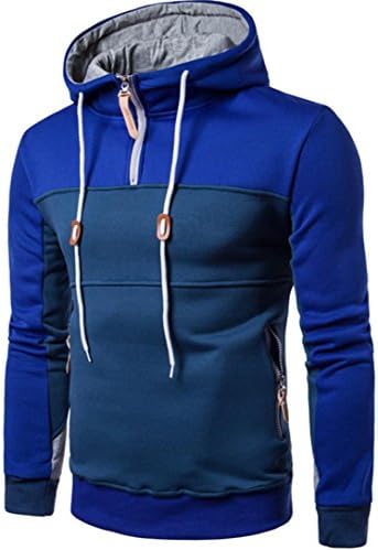 Patchwork Pullover for Men FriendG Long Sleeve Stand Collor T-shirt Casual Stylish Tops Blouse Leisure Party Beach Sweatshirt Gentleman Zipper pocket Sexy Drawstring Outwear (XL, Blue)
