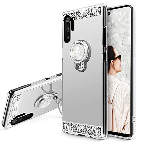 SQMCase Funda Galaxy Note 10+ Pro/Plus/5G, Glitter Diamond Mirror Makeup Soft TPU Shockproof Case with 360 Degree Rotation Finger Ring Holder Kickstand (Silver)
