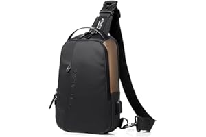 HJKIOPC Sac de Poitrine Homme avec Port de Chargement USB Sac Petit Etanche Casual Sling Bag pour Cyclisme,Sport Voyage Excursion(Noir Brun-2)