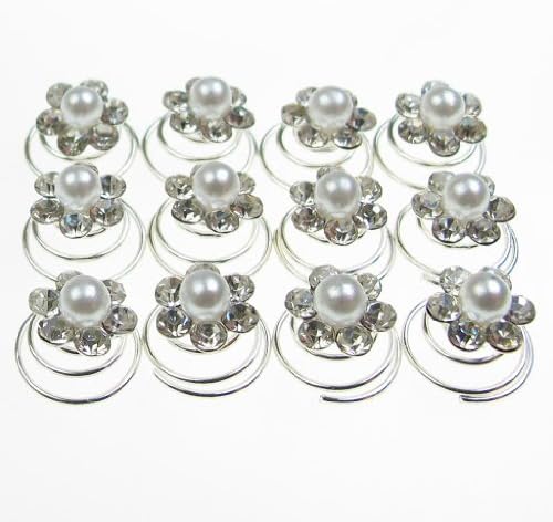 Jewellery of Lords 12 Clear Czech Crystals Around Pearl Flower Shaped Bridal Hair Pin Twist Prom Spiral Twirl Screw