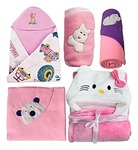 My Newborn Baby Wrapper Blanket Daily USe Gift Hamper-Set of 5 Pcs (Kitty-Pink)