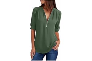 Xshuai Womens Summer Tops Sale Clearance Ladies Spring Summer Graphic V Neck Zip Tops Rollable Plus Size Blouses Business Office Elegant Party T-Shirt Blouse Loose O-Neck Going Out Pullover