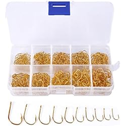 Anzuelos de Pesca UCEC, Set de 10 Tamaños Diferentes, Anzuelos para Pescar Vienen en un Set de Caja de Plástico, Pack de 500 Piezas Color Dorado
