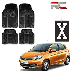 Riderscart (4 Pcs) Car Rubber Foot/ Floor Mat for Tata Tiago Heavy Duty and Anti-Slip with X Symbol Designed Hanging Car Air Freshener Combo with Warranty