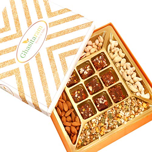 Ghasitaram Gifts Mother's Day Gifts - Healthy Hampers- Ghasitaram Special Almonds, Cashews, Pistachios, Roasted Protein Mix and 9 pcs Sugarfree Figs and Dates Bites