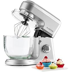 Klarstein Allegra Argente Robot de cuisine multifonction avec bol en verre de 4,2 L (accessoires fouet, pétrin, batteur, 6 vitesses, 800W) - argent