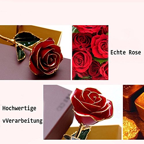 Zjchao 24 Karat vergoldet Echte Rose immer geöffnet als Geschenk für Hochzeitstag, Valentinstag, Weihnachten, Geburtstag, 29cm Länge, Verpackt in Geschenkbox mit klaren Display-Ständer (Rot) - 8