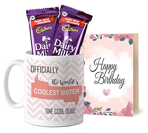 Tied Ribbons Rakhi Gift for Sister, Rakhi Gift to Sister Printed Coffee Mug with Dairy Milk Chocolates and Greeting Card