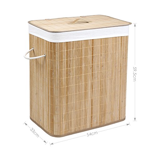 Homitex 100L Groß Bambus Faltbar Wäschekorb H x B x T: ca. 60 x 54 x 33 cm Wäschebox Wäschesammlermit fest fixiertem Wäschesack und Deckel (Natur) - 2