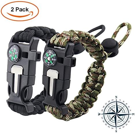Togather Survival Paracord Bracelet, 2 Pack Emergency Survival Kit with Flint Fire Starter, Scraper,Compass, Whistle and Parachute Cord Buckle for Hiking Camping,Boating or Other Outdoor Activities