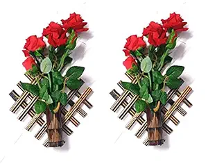 ARMAN SPOONS - Believe in Quality Royals Handmade Bamboo and Red Rose Wall Hanging Flower Vases - 2 Piece Set