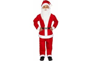 Dreamzfit - Boys Santa Claus Suit Red Costume, Children Kids Father Christmas Outfit Fancy Dress Hat + Beard + Jacket + Trousers + Belt, 5PC Set (Boys: 10-12 Years)