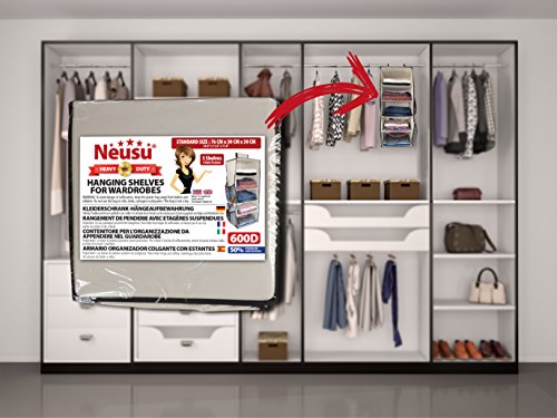 Neusu Heavy-Duty Kleiderschrank-Hängeaufbewahrung – 5 Regalfächer Plus 4 Seitentaschen – Beige 600D Stoff – 30 cm x 30 cm x 76 cm (65+ Liter Fassungsvermögen) (Beige) - 2
