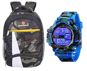 Good Friends Combo Pack of Waterproof Laptop College School Bag and Digital Watches for Boys (Military Blue)