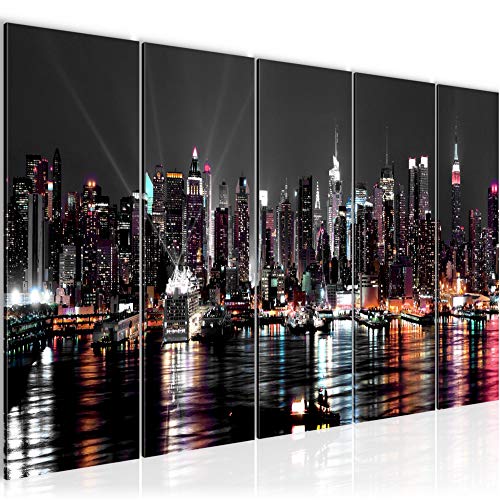 Bilder New York City Wandbild 200 x 80 cm Vlies - Leinwand Bild XXL Format Wandbilder Wohnzimmer Wohnung Deko Kunstdrucke Schwarz 5 Teilig -100% MADE IN GERMANY - Fertig zum Aufhängen 601955a