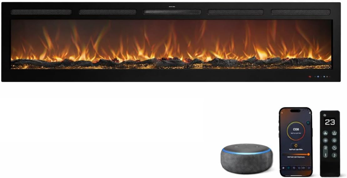 Chimenea Eléctrica Galaxy Pro New con WiFi y Sonido, para Pared, Empotrar o de Pie, 750/1500W, 13 Colores de Llama y Lecho de Combustible, 5 Niveles de Brillo, Termostato, Alexa y Google Home (183 cm)