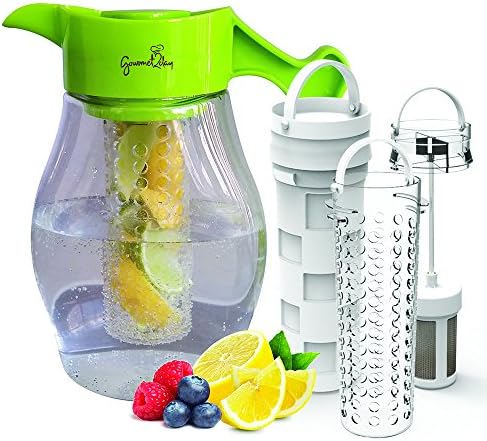 Fruit &amp; Tea Infusion Flavor Pitcher - FREE Infuser Recipe Ebook - Water &amp; tea infuser jug includes 3 infusers for fruit, tea and ice to enhance the flavor of water - Perfect for detox &amp; weight loss