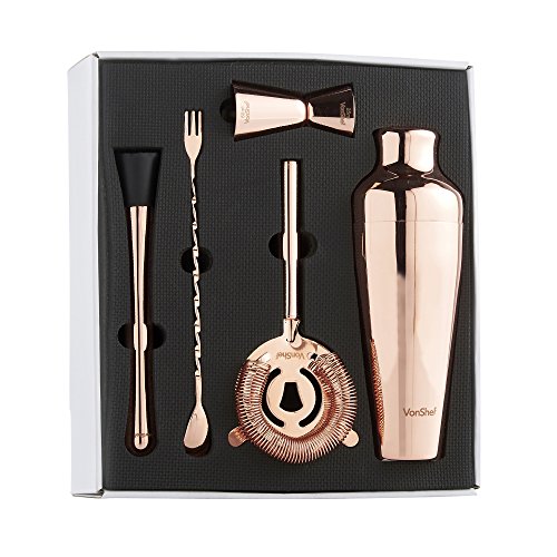VonShef Premium Kupfer Pariser Cocktail Set mit Rezeptbuch, Edelstahl 550ml Shaker, 9” Gedrehter Barlöffel/ Gabel, Hawthorne -Sieb, 25ml/ 50ml Messbecher & Stößel, Zwei Jahre KOSTENLOSE Gewährleistung - 5