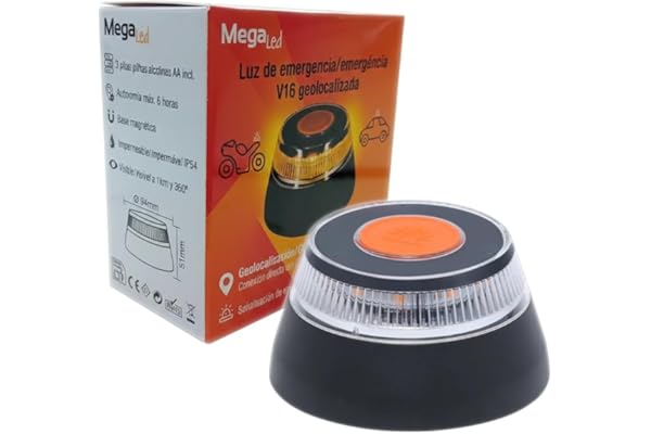 MegaLed Luz de Emergencia V16 Geolocalizada y conectada con la DGT 3.0 – Obligatoria Desde Enero 2026 - Homologado DGT 3.0 - Visible 1km y 360º - Resistente al Agua