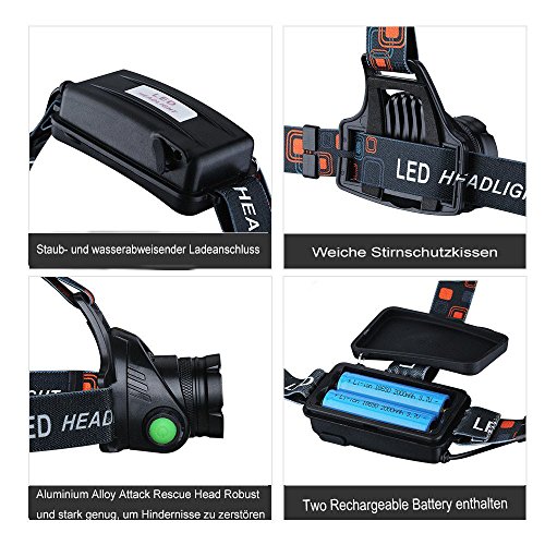 LED Stirnlampe / Kopflampe, Pictek Lenser LED Kopflampe Kopfleuchten mit 1600 Lm, wasserdicht, CREE T6 Chip, 3 Modewechsel, ideal für Auto Reparatur, Wartung, Bauarbeiten, Höhlenforschung, Nachtwanderung Joggen, Camping, Fahrradfahren usw. (2 x 18650 Lithium-Akku enthalten) - 6