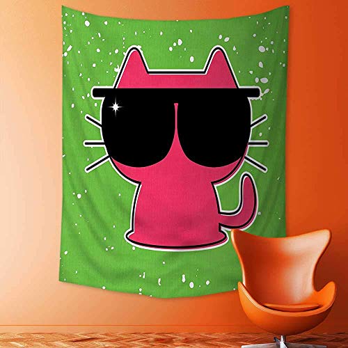 adshdjfbdjh2 Wall Tapestries Cute Cat with Sunglasses Hipster Baby Animal Nursery Children Design Lime Green Pink Tapestry Table Cover Bedspread Beach Towel Lattern 130x150 cm