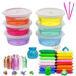 Firstly Traders New Creative Slime Kit with 6 Crystal Slime + 12 Air Dry Clay+ 1 Slime Pot with Free Tools, Glitter for Kids Boys and Girls Age 3+ Years Slime Putty Toys