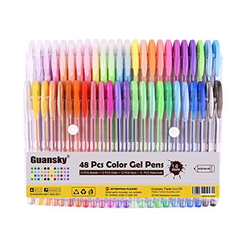 Guansky 48 Set Boligrafos Gel Colores Bolígrafos de Gel para Scrapbooking, Colorear, Dibujar y Artesanal (12 Metálico + 12 Glitter + 12 Neón + 12 Clásicos)