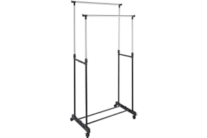 BAKAJI Stand Appendiabiti Allungabile da Terra in Acciaio Telescopico Allungabile con Ruote Attaccapanni 80 x 40 x 90/164 cm (Doppio)