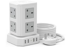 HAFINO Tower Extension Lead with USB Slots, Multi Plug Extension Cords Socket Extension Cable with 4 USB Ports and 8 Way Outlets,13A 3250W Extension Lead Surge Protection Power Strip Power Tower