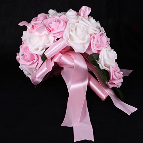 MagiDeal Kunstblumen Künstliche Tropfen Schaum Rose Kunstblumen Hochzeit Blumen Dekor Bouquet – Weiß und Rosa, 25 x 26 cm - 5