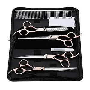 Pet Grooming Scissors Set with Bag, Professional Stainless Steel Pet Grooming Hairdressing Shear Scissors Kit with Golden Handle