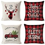 Runstarshow Lot de 4 Housse de Coussin Taie d'oreiller Carré Imprimé Père Noël Bonhomme de Neige Renne pour Chambre Salon Lit Canapé Voiture (Modele A)