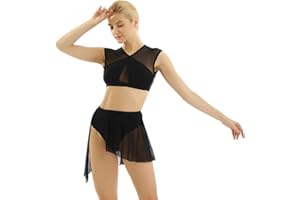 ‎AGOKY Agoky Damen Ballett Trikot Spitzen Body Sport Crop Top mit asymmetrischem Tanz Rock Dance Slip Ballettkleid ärmellos Ballettanzug Tanzkleid gr.XS-XL
