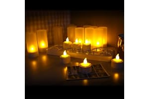 QSPORTPEAK LED recargable sin llama candelita, 12 piezas parpadeo candelita con la estación de carga y tazas de vela, decoración de regalo para la fiesta de vacaciones, Halloween, Navidad, amarillo