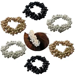 6 Pcs Dressy Pearl String Beads Hair Ties Slap Bracelet Pearl Ponytail Holder Elastic Hair Bands Wrist Fabric Scrunchy Hair Ties for Show/Sleepover Party