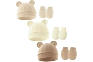 IKOPFLN 3 Tenues Bonnets de Naissance et Moufles de Protection Bébé Gants Bonnet Nouveau-né Bambin Doux Mignon Tricoté Chapeau 0-6 Mois