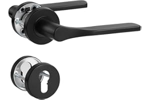 SORWDUERM Poignée de porte noire en acier inoxydable mat - Poignée de porte pour porte d'entrée et porte intérieure - En forme de L - Rosace ronde - Cylindre profilé