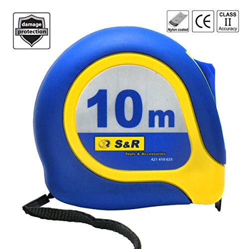 S&R Bandmaß 10,0 m x 25mm, Massband Nylon beschichtet, MUSTANG – Serie schlagfestes, Rollband gummiertes Gehäuse, MUSTANG Serie - 5