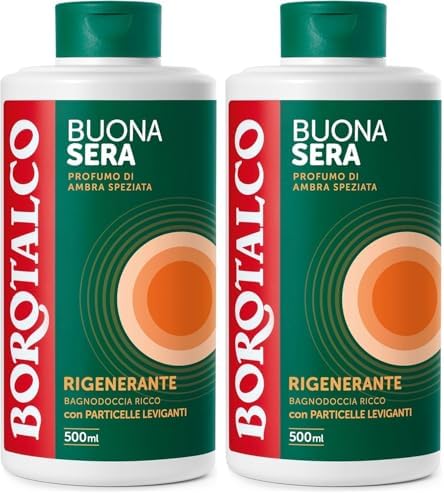 Borotalco, Bagnodoccia Buonasera Rigenerante, con Particelle Leviganti Biodegradabili e Profumo di Ambra Speziata, Texture Ricca e Cremosa, Dona Vitalità, Ideale per la Sera, Flacone 500 ml