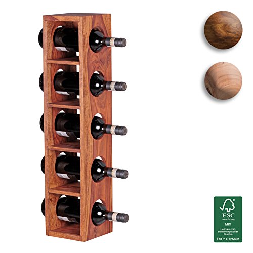 FineBuy Weinregal Massiv-Holz Sheesham Flaschen-Regal Wandmontage für 5 Flaschen Holzregal modern mit Ablage 70 cm Natur-Holz Modern Landhaus-Stil dunkel-braun Kellerregal, Wandaufhängung 15 x 15 cm