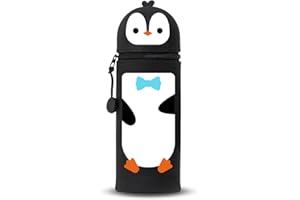 DGTSYAL Trousse Ecole 2 en 1 en Silicone Souple Kawaii, Porte-Plume, Fermeture Eclair en Silicone, Pochette de Stylo, Crayons, Étui pour Fournitures Scolaires de Grande capacité (Pingouin à Cravate)