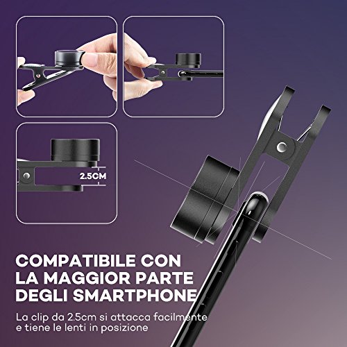 Lenti Smartphone VAVA Obbiettivi Smartphone Super Grandangolare 0.36X, Macro 15X e Lente Fisheye, Placca Posteriore Riflettente per i Selfie, Compatibile con iPhone 7, 6, 6S, 6S Plus, Samsung, ecc