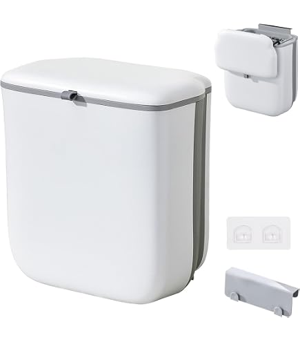 Poubelle Suspendue 7L Avec Couvercle - Blanche/Verte, Pour Cuisine, Salle De Bain, Camping-car - Gain De Place Murale Ou Armoire - 3