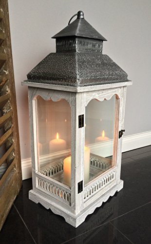 XL Holz Laterne Windlicht Metalldach weiß / grau gewischt – 60 cm – Landhaus Shabby Chic - 2