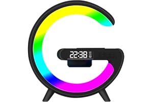 DECONOLOGY Luce D'atmosfera a LED Funzione 6 in 1 con Altoparlante Musicale Bluetooth Ricarica Wireless Sveglia Radio Lampada da Comodino Intelligente per Luci Notturne Della Camera dei Bambini (Nero)