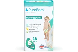PureBorn Couches-Culottes Premium Pants, Taille 6 (15+ kg), 18 Culottes Bébé, Protection Supérieure Jour et Nuit, Hypoallergénique, Ultra Douces, Indicateur d'humidité